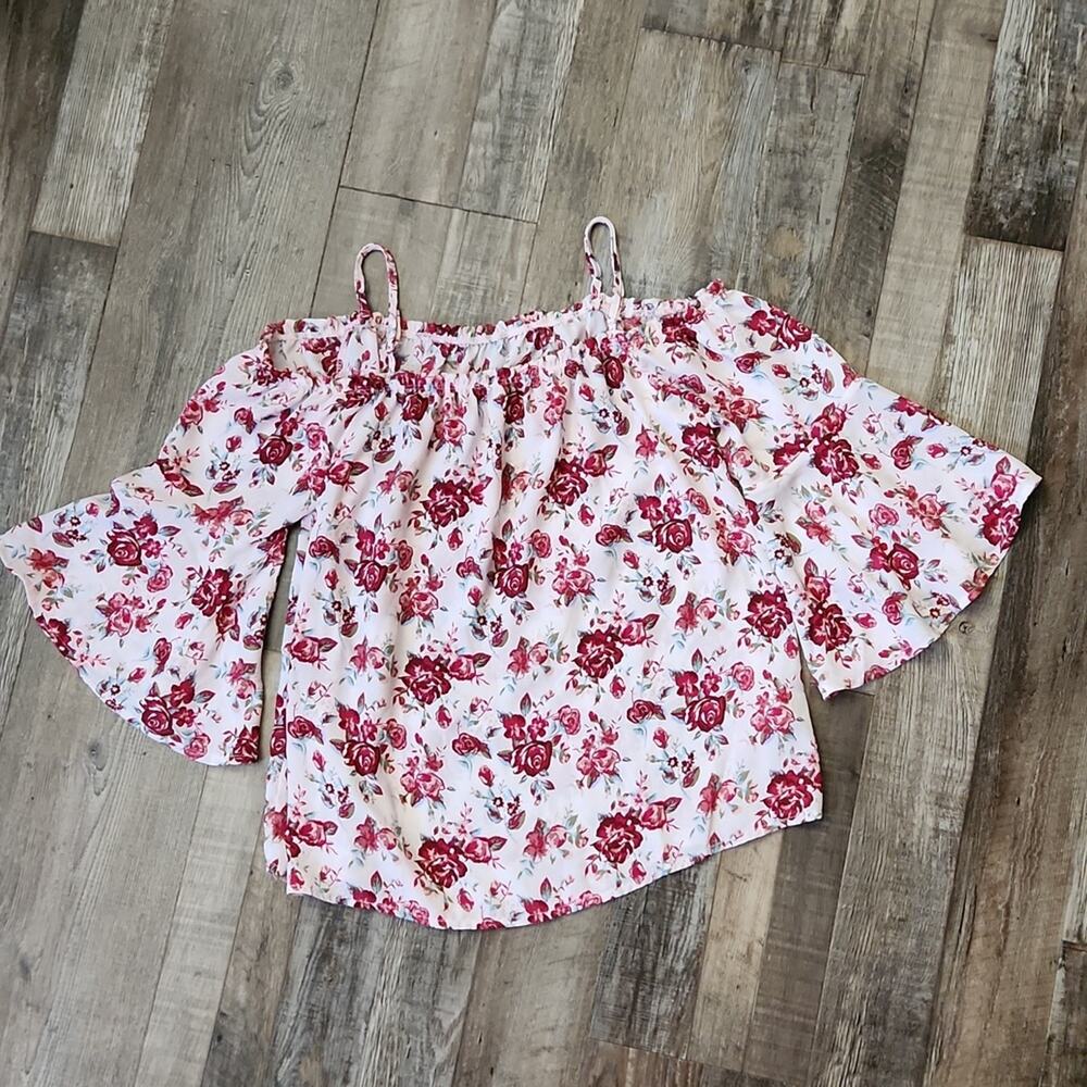 Ivory & Red Floral‎ Bell Sleeves Adjustable Straps Blouse Size S Coquette Fairy